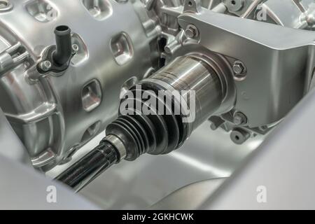 Detailed closeup of an electric car motor component connected with the engine Stock Photo