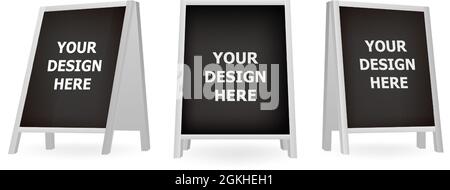 Realistic blank board for menu announcement. Set of white chalkboard a-frame standees. Special street advertising equipment for announcement Stock Vector