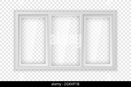 Large triple plastic window. Realistic plastic window mockup template. White windowpane frame and clear pane for outdoor interior design. Stock Vector