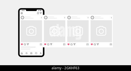 Kyiv, Ukraine - August 1, 2021: Instagram carousel post with smartphone. Instagram carousel post interface mockup template. Social network ads Stock Vector