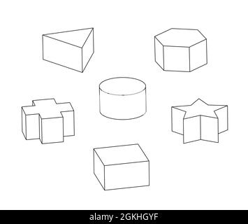 set of basic 3d shapes, outline black and white illustration Stock Photo