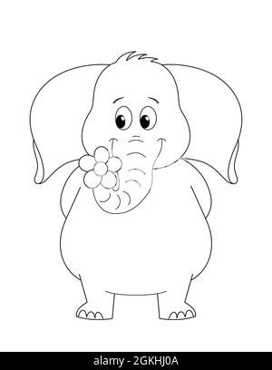 cute elephant standing and holding a flower with its trunk, cartoon character of a happy animal that has big eyes. coloring sheet for kids Stock Photo