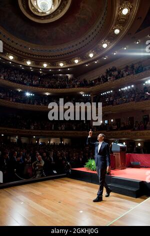 President Barack Obama acknowledges applause after he delivers a speech at the Teatro Municipal in Rio de Janeiro, Brazil, Sunday, March 20, 2011. (Official White House Photo by Pete Souza) This official White House photograph is being made available only for publication by news organizations and/or for personal use printing by the subject(s) of the photograph. The photograph may not be manipulated in any way and may not be used in commercial or political materials, advertisements, emails, products, promotions that in any way suggests approval or endorsement of the President, the First Family, Stock Photo