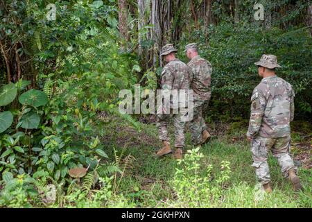 Senior leaders assigned to 3rd Infantry Brigade Combat Team, 25th Infantry Division meet with senior leaders assigned to 1st Battalion, 299th Cavalry Regiment, 29th Infantry Brigade, Hawaii Army National Guard to discuss future training opportunities in the jungle training area at the National Guard installation located in Hilo on Hawaii Island on April 26, 2021. Stock Photo