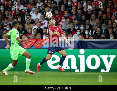 Lille, France, September 14, 2021, Burak Yilmaz of Lille during the UEFA Champions League, Group Stage, Group G football match between Lille OSC (LOSC) and VfL Wolfsburg on September 14, 2021 at Stade Pierre Mauroy in Villeneuve-d?Ascq near Lille, France - Photo Jean Catuffe / DPPI Stock Photo