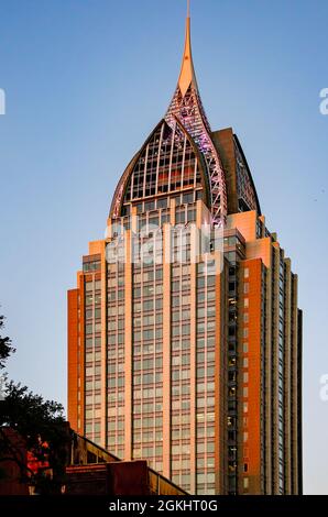 The RSA Battle House Tower is pictured, Sept. 10, 2021, in Mobile, Alabama. The skyscraper is 745 feet tall and is the tallest building in Alabama. Stock Photo