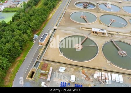 Panorama view in processing recirculation water tanks modern urban wastewater treatment plant Stock Photo