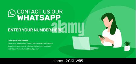 Whatsapp banner template. Contact us on our whats app number. Illustration of a woman with a phone and laptop. Stock Vector