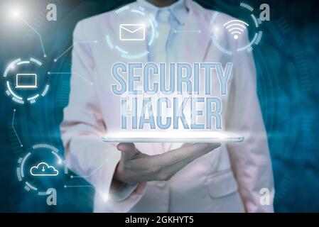 Sign displaying Security Hacker. Business showcase someone who explores methods for breaching defenses Lady Uniform Standing Tablet Hand Presenting Stock Photo