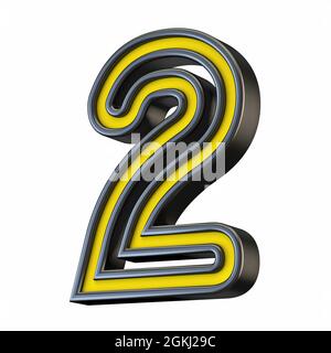 Yellow black outlined font Number 2 TWO 3D rendering illustration isolated on white background Stock Photo