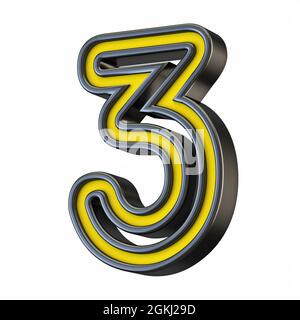 Yellow black outlined font Number 3 THREE 3D rendering illustration isolated on white background Stock Photo