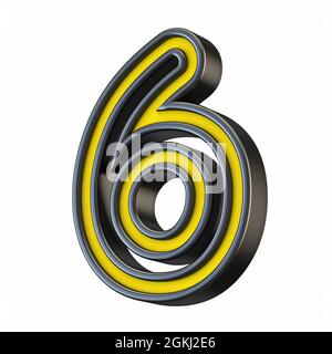 Yellow black outlined font Number 6 SIX 3D rendering illustration isolated on white background Stock Photo