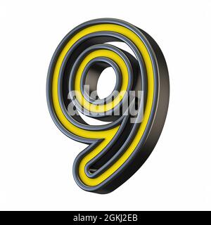 Yellow black outlined font Number 9 NINE 3D rendering illustration isolated on white background Stock Photo