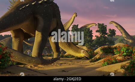 Alamosaurus, group of dinosaurs from the Late Cretaceous period at sunrise, 3d science render Stock Photo