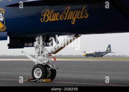 CORPUS CHRISTI, Texas (April 29, 2021) The Navy Flight Demonstration Squadron, the Blue Angels C-130J logistics support aircraft, affectionately known as 'Fat Albert,' arrives at Naval Air Station Corpus Christi April 29 ahead of the Wings Over South Texas Air Show scheduled May 1-2. The 2021 show season is Blue Angels' first year flying the F/A-18 Super Hornet platform as well as the 75th anniversary of the team. Stock Photo