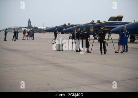 CORPUS CHRISTI, Texas (April 29, 2021) Members of the Navy Flight Demonstration Squadron, the Blue Angels, conduct media interviews at Naval Air Station Corpus Christi April 29 ahead of Wings Over South Texas Air Show, scheduled May 1-2. The 2021 show season is Blue Angels' first year flying the F/A-18 Super Hornet platform as well as the 75th anniversary of the team. Stock Photo