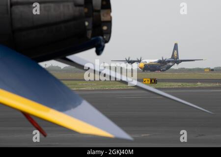 CORPUS CHRISTI, Texas (April 29, 2021) The Navy Flight Demonstration Squadron, the Blue Angels C-130J logistics support aircraft, affectionately known as 'Fat Albert,' arrives at Naval Air Station Corpus Christi April 29 ahead of the Wings Over South Texas Air Show scheduled May 1-2. The 2021 show season is Blue Angels' first year flying the F/A-18 Super Hornet platform as well as the 75th anniversary of the team. Stock Photo