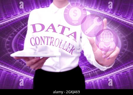 Writing displaying text Data Controller. Conceptual photo person who determines the purposes of the data to process Lady In Uniform Holding Phone Stock Photo