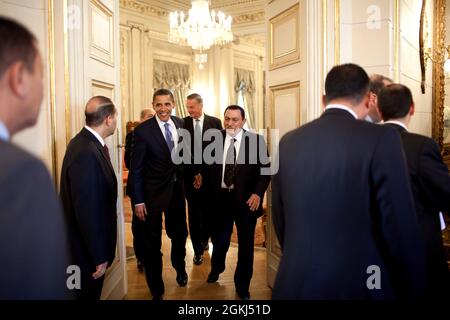 President Barack Obama meets with Egyptian President Hosni Mubarak in Cairo, Egypt, June 4, 2009. (Official White House photo by Pete Souza) This official White House photograph is being made available for publication by news organizations and/or for personal use printing by the subject(s) of the photograph. The photograph may not be manipulated in any way or used in materials, advertisements, products, or promotions that in any way suggest approval or endorsement of the President, the First Family, or the White House. Stock Photo