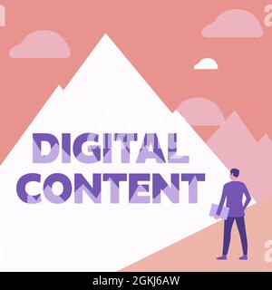 Conceptual display Digital Content. Word Written on any content that exists in the form of digital data Gentleman In Suit Standing Holding Notebook