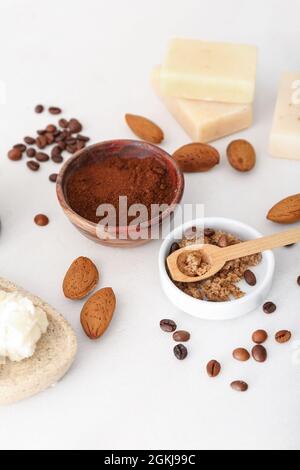 Different natural ingredients for homemade cosmetics on white background Stock Photo