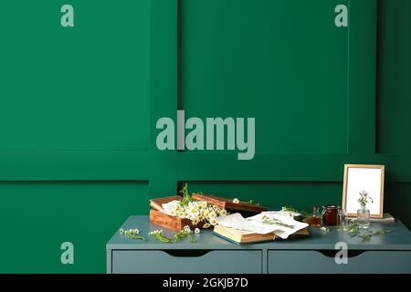 Book with dried chamomiles on table near color wall Stock Photo