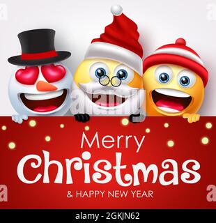 Christmas emoji characters vector template. Merry christmas greeting text in empty space with santa claus, snowman and smiley character for xmas. Stock Vector