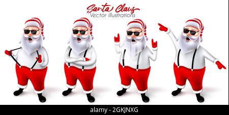 Santa claus christmas character vector set. Santa claus 3d characters in cool and jolly pose with rock n roll and dancing gestures for cute xmas. Stock Vector