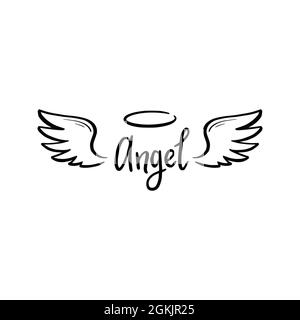 Angel wing with halo and angel lettering text. Hand drawn line sketch style wing. Simple vector illustration. Stock Vector