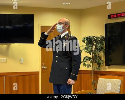 Spc. Gavin Currey, a cavalry scout assigned to 6th Squadron, 8th Cavalry Regiment, 2nd Armored Brigade Combat Team, 3rd Infantry Division, salutes the president of the Division Soldier and Noncommissioned Officer of the Year Competition board at Fort Stewart, Georgia, May 7, 2021. The 3rd ID Soldier and Noncommissioned Officer of the Year Competition board tests the candidates' technical and tactical knowledge, as well as confidence and mental toughness.