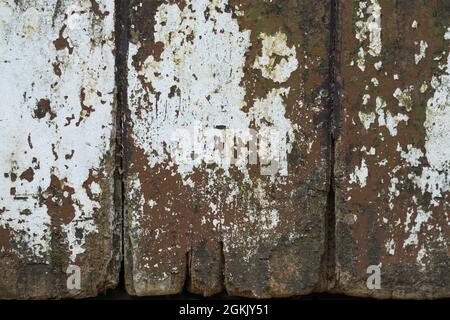 surface of old weathered wood planks or panels with peeling paint, background texture for designing Stock Photo