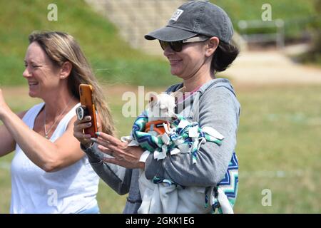 Woman using cell phone camera with a  dog and ball cap in sun glasses photographing her daughter at soccer game Stock Photo