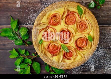Tasty apple pie on wooden background. Thanksgiving Day. Stock Photo