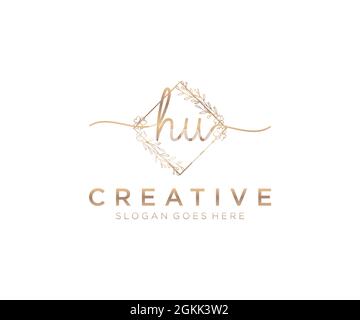 HU Feminine logo beauty monogram and elegant logo design, handwriting logo of initial signature, wedding, fashion, floral and botanical with creative Stock Vector