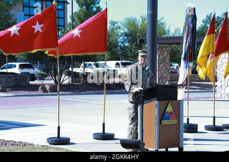 Maj. Gen. Sean Bernabe, senior commander, 1st Armored Division and Fort Bliss, gives farewell remarks at a retreat ceremony on Fort Bliss May 12. The ceremony honored outgoing deputy commanding general-operations Brig. Gen. Matthew Eichburg. After more than two years of service to Fort Bliss, including two separate assumptions of command of the 1st Armored Division, Eichburg departs to become the Chief of Staff, U.S. Army Central Command, Shaw Air Force Base, S.C. Stock Photo