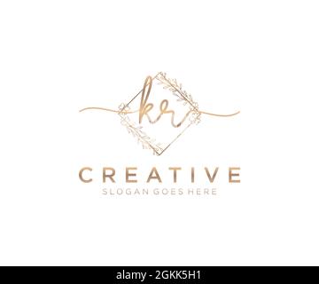 KR Feminine logo beauty monogram and elegant logo design, handwriting logo of initial signature, wedding, fashion, floral and botanical with creative Stock Vector