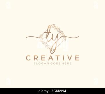 TY Feminine logo beauty monogram and elegant logo design, handwriting logo of initial signature, wedding, fashion, floral and botanical with creative Stock Vector