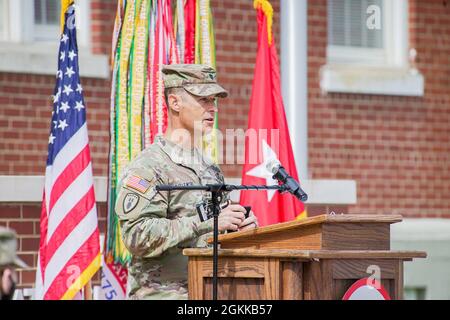 Lt. Col. Brian Kibitlewski, commander, Special Troops Battalion, 1st Theater Sustainment Command, delivers remarks during an award ceremony at Fort Knox, Kentucky May 14, 2021. During the ceremony, the 1st Theater Sustainment Command received the Meritorious Unit Commendation and recognized Soldiers and Civilian members of the unit for their exceptional public service. Stock Photo