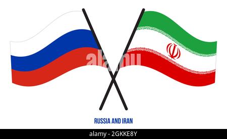 Russia and Iran Flags Crossed And Waving Flat Style. Official Proportion. Correct Colors. Stock Vector