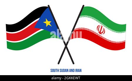 South Sudan and Iran Flags Crossed And Waving Flat Style. Official Proportion. Correct Colors. Stock Vector