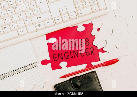 Sign displaying Process Engineer. Conceptual photo responsible for developing new industrial processes Building An Unfinished White Jigsaw Pattern Stock Photo