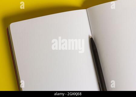 An open, clean notebook or notebook and a pen on the table.Close-up Stock Photo