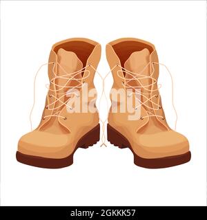 Pair of military boots, mountain travel shoes in cartoon style isolated on white background. Autumn casual leather footwear. Vector illustration Stock Vector