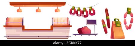 Meat market stall, beef, pork on scales, sausages and paper pack. Vector cartoon set of butcher shop or butchery department in store with counter with fridge and food isolated on white background Stock Vector