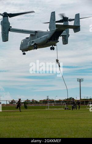 U.S. Marines with 3rd Battalion, 5th Marines, 31st Marine Expeditionary Unit (MEU), fast rope off of MV-22B Ospreys with Marine Medium Tiltrotor Squadron 265 (Reinforced), on Camp Hansen, Okinawa, Japan, May 18, 2021. The Marines train to fast rope in case they are required to depart from the aircraft in a timely manner or a possible landing in uneven terrain. The 31st MEU, the Marine Corps’ only continuously forward-deployed MEU, provides a flexible and lethal force ready to perform a wide range of military operations as the premier crisis response force in the Indo-Pacific region.