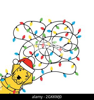 Labrador tangled christmas lights in santa hat Stock Vector