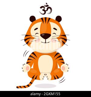 Cute cartoon tiger doing yoga, levitates sitting in lotus pose. Symbol of 2022, year of the tiger. Vector illustration isolated on white background. Stock Vector