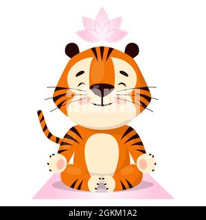 Cute cartoon tiger doing yoga, sitting in lotus pose. Symbol of 2022, year of the tiger. Vector illustration isolated on white background. Stock Vector