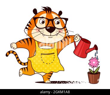 Cool cartoon tiger gardener watering flower, caring for greens. Symbol of 2022, year of the tiger. Vector illustration. Stock Vector