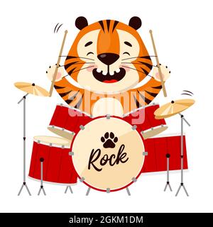Cute cartoon smiling tiger playing drums. Symbol of 2022, year of the tiger. Vector illustration isolated on white background. Stock Vector